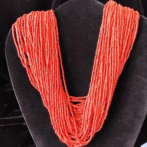 Multi Strand Vibrant Coral Seed Bead Necklace 18"